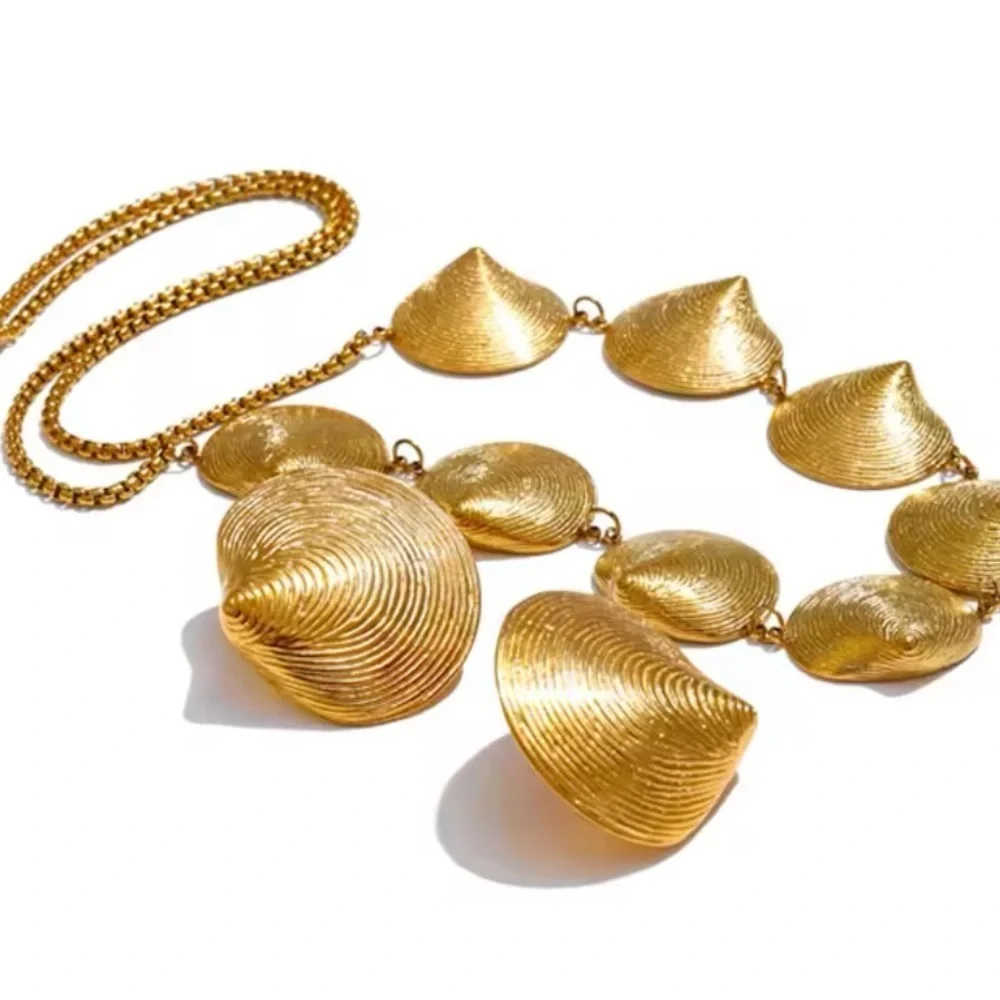 Gold Seashell Statement Necklace & Earring Set – Stainless Steel, PVD plating - Picture 7 of 16